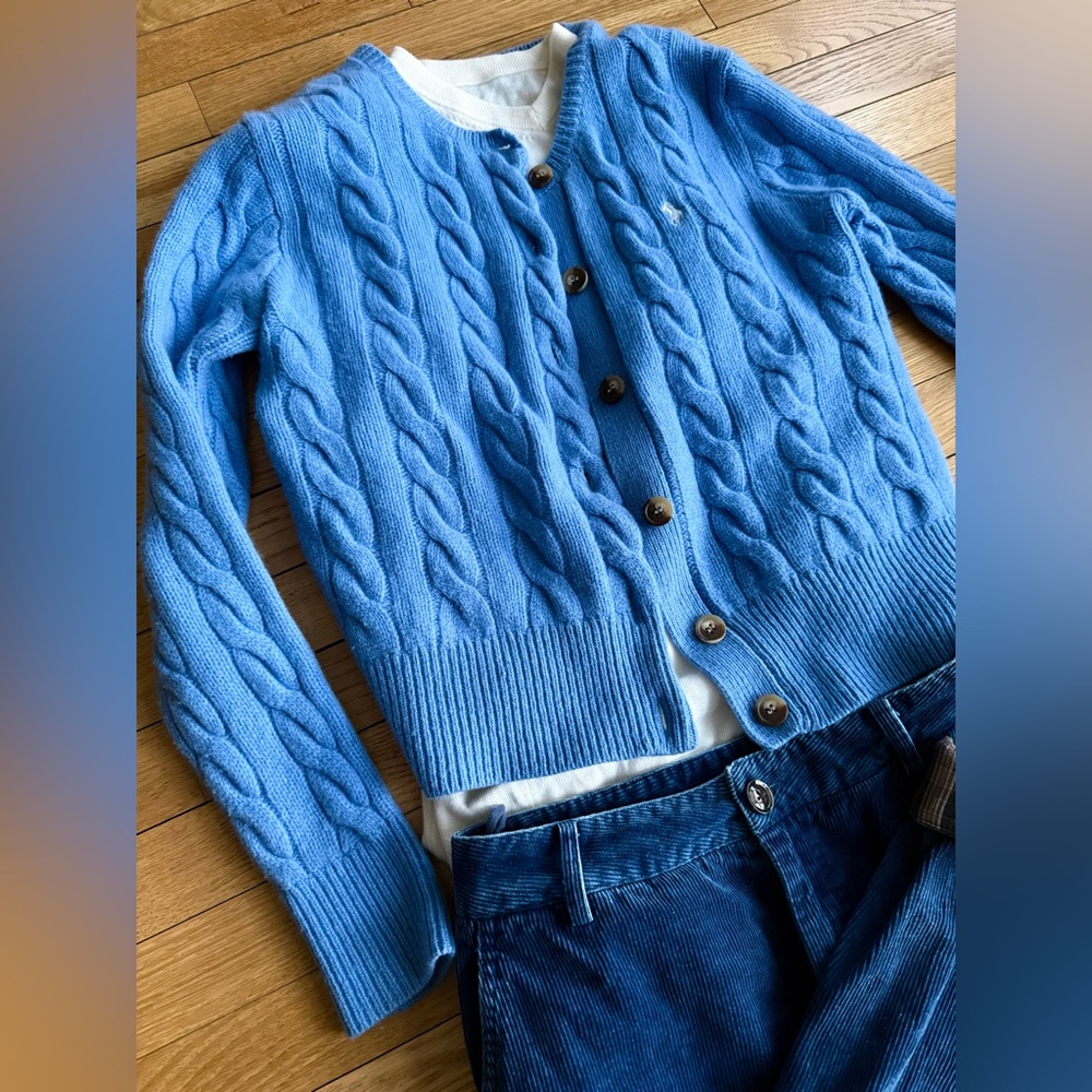 Ralph Lauren Wool Cashmere Cable Knit Cardigan Cornflower Blue M